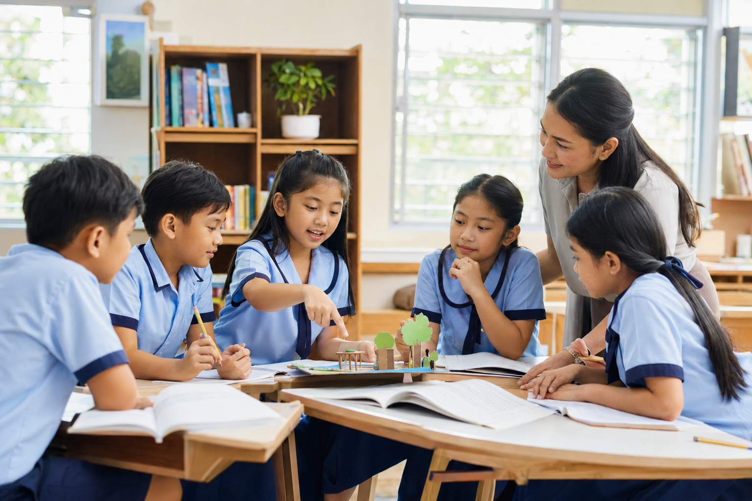 Elementary pupils collaborating with their teacher in a bright classroom