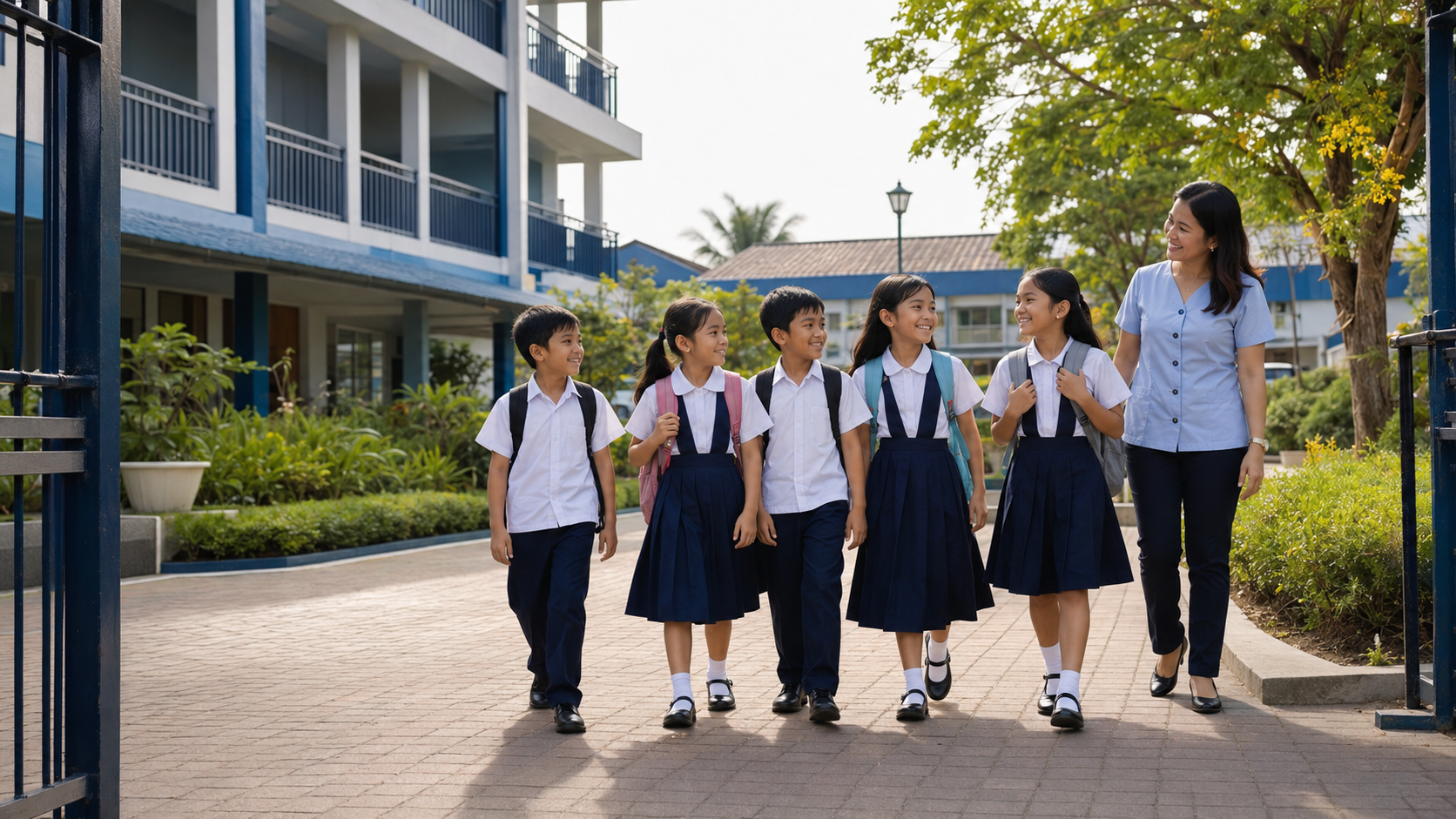 Elementary pupils walking with their teacher on a welcoming school campus
